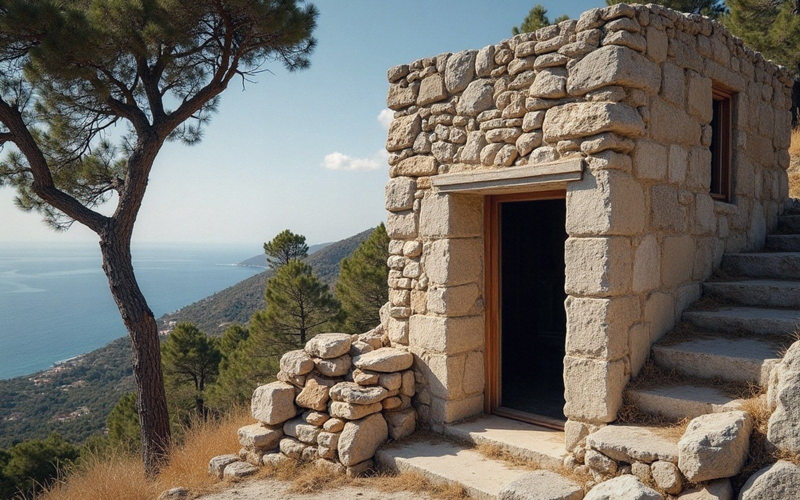 Stone drying house with an open door overlooks a pine-covered coastal hillside