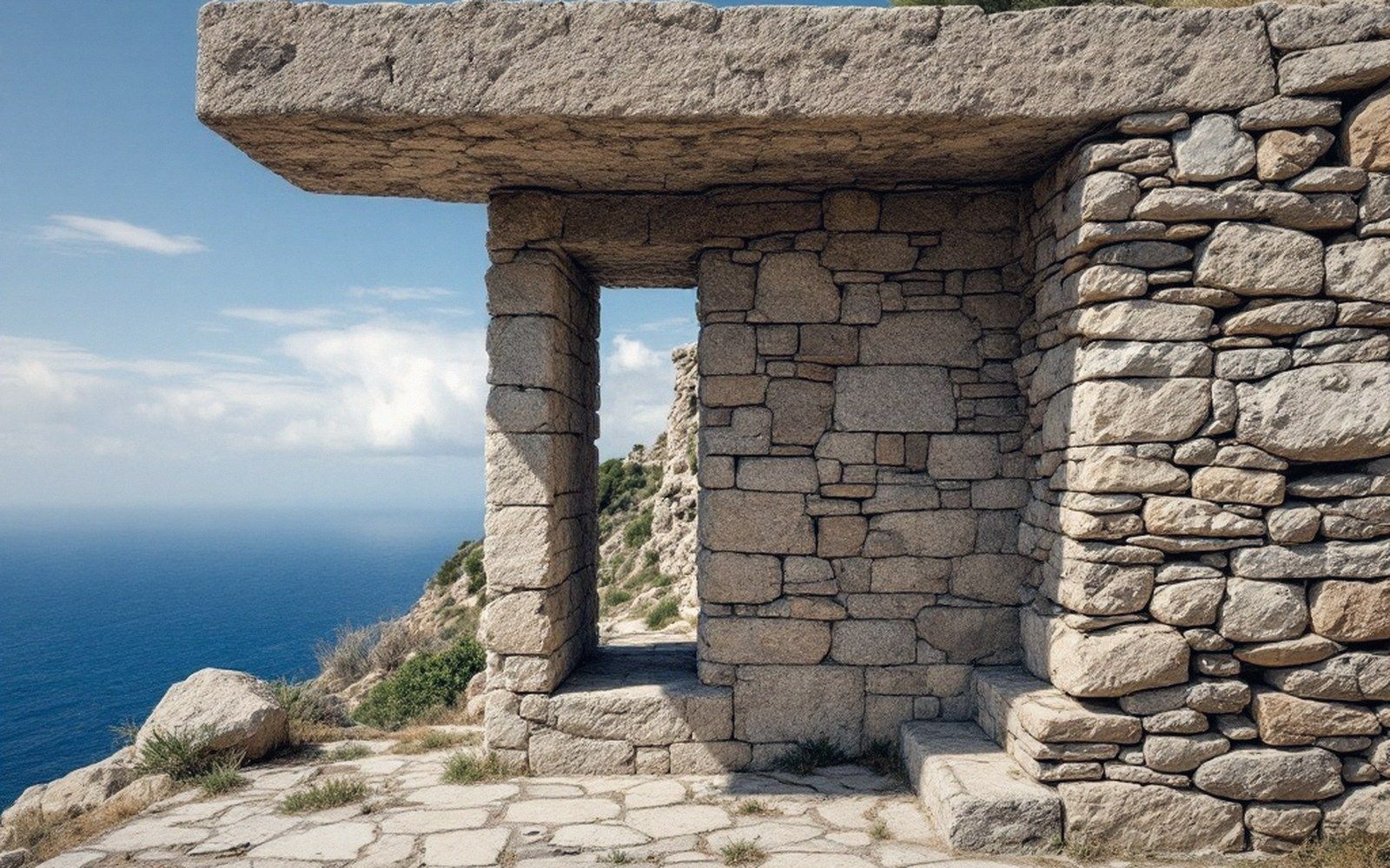 Stone doorway with a massive lintel frames a clifftop view of the sea
