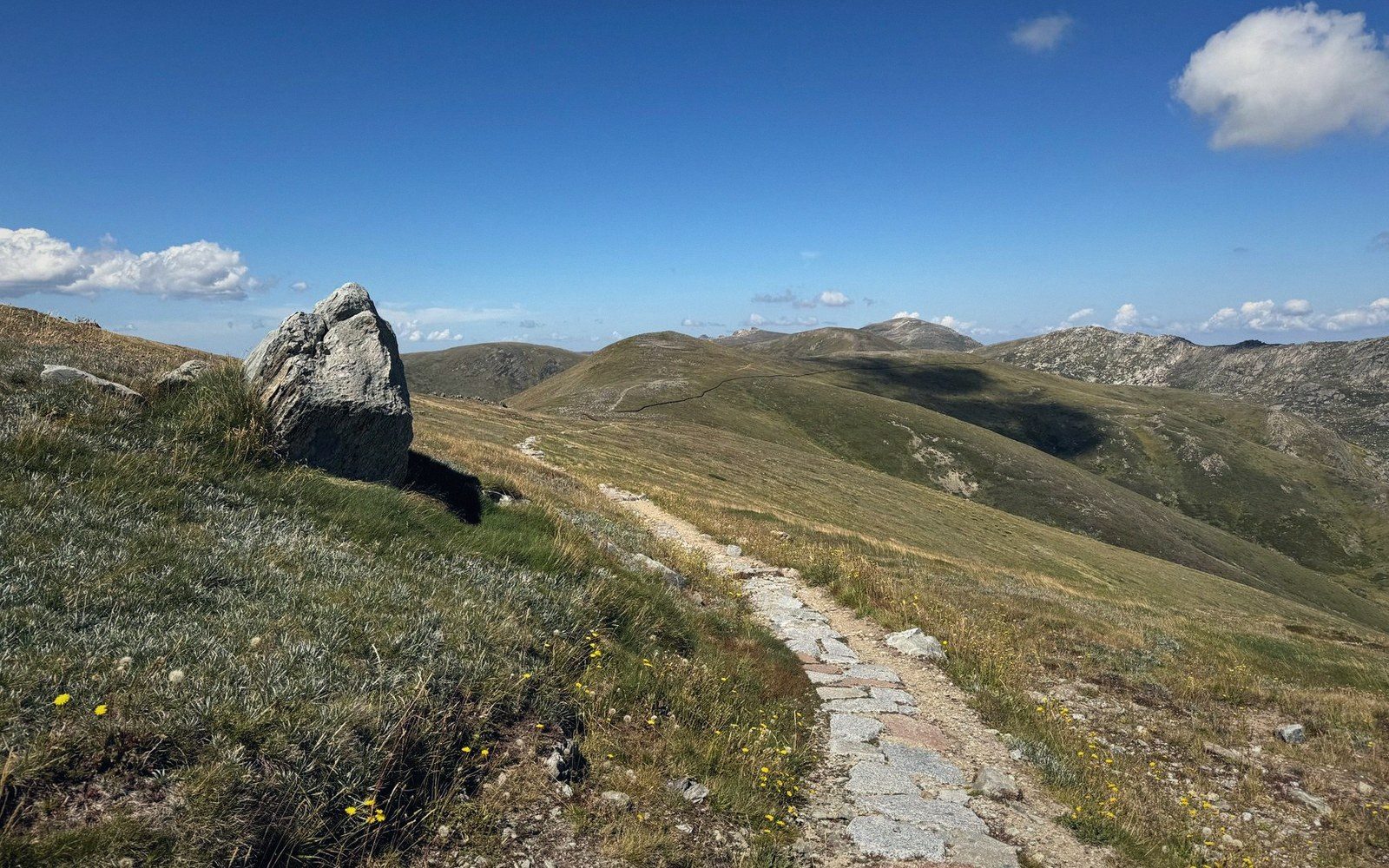A stone-paved trail winds along a grassy alpine ridge under a blue sky