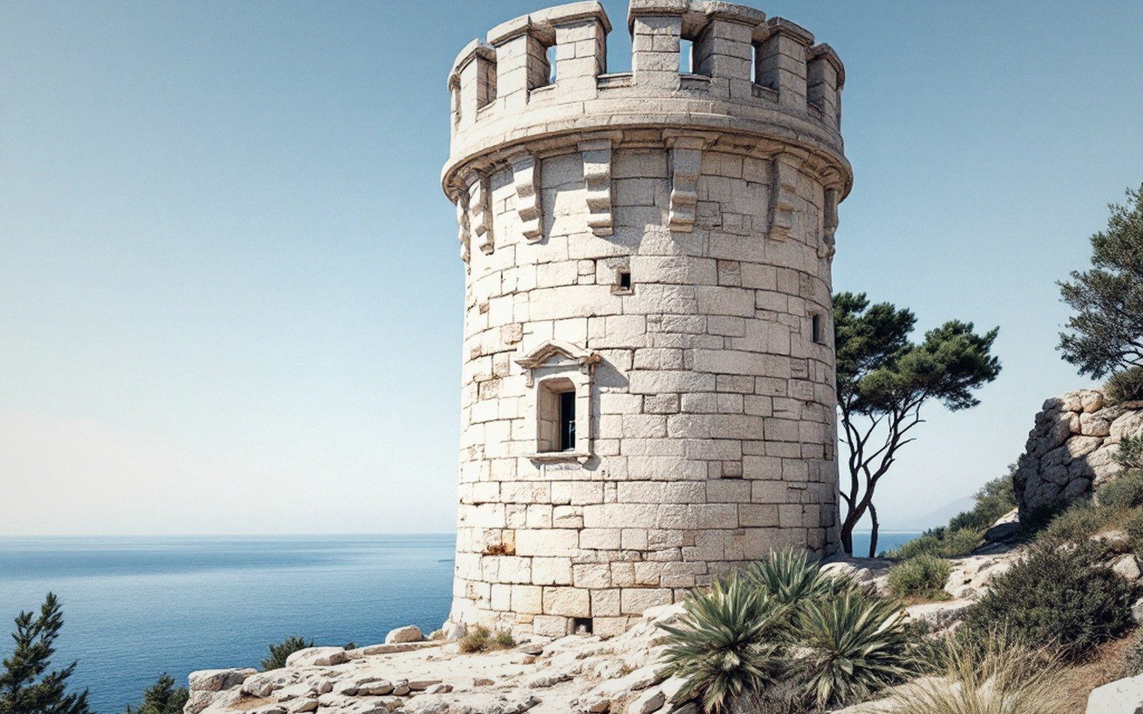 Round stone watchtower with battlements overlooking the sea from a rocky coastal cliff