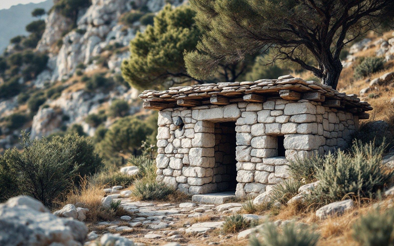 Small stone hut with a wooden roof edge nestled against a rocky, pine-covered hillside
