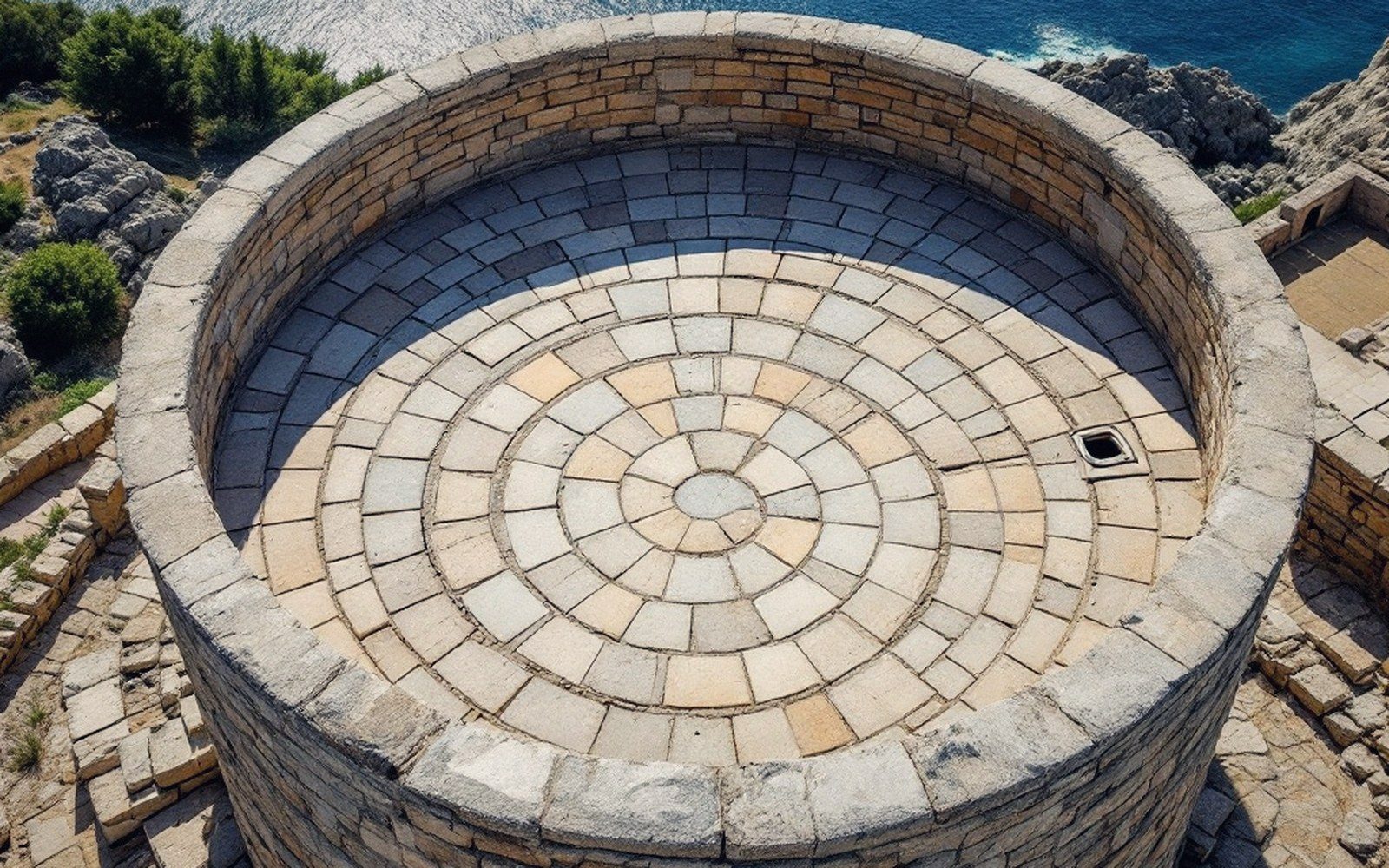 Aerial view of a round stone tower with a circular tiled floor overlooking the sea