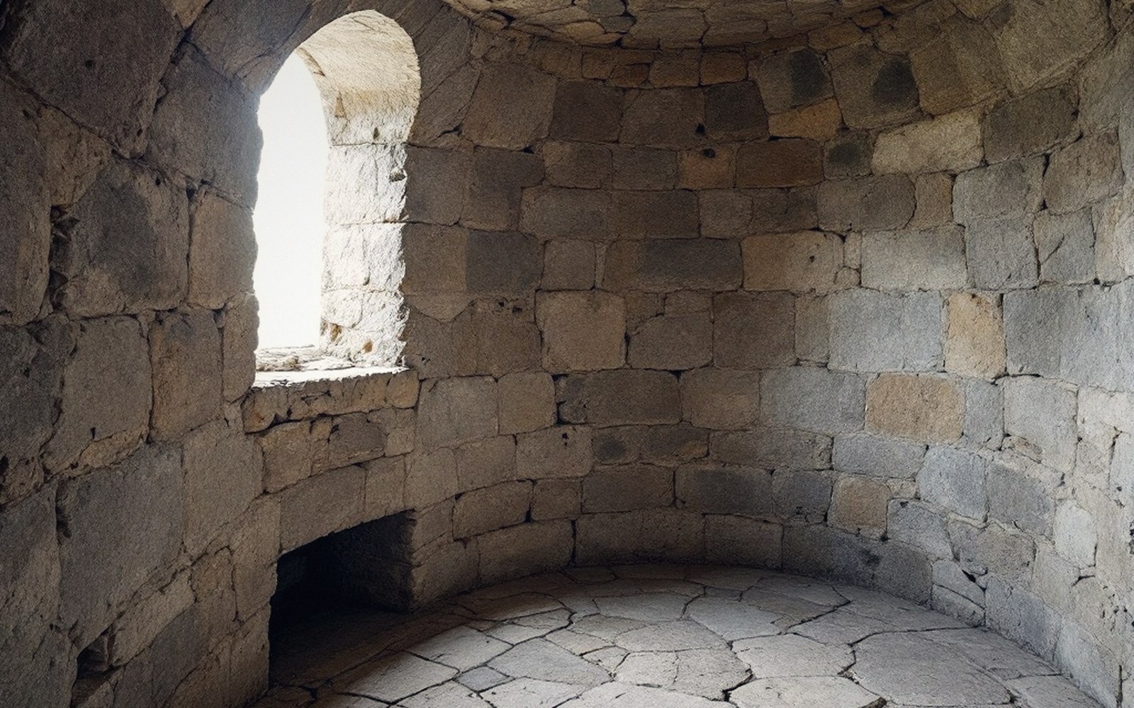 Interior of a round stone tower with a narrow arched window letting in light