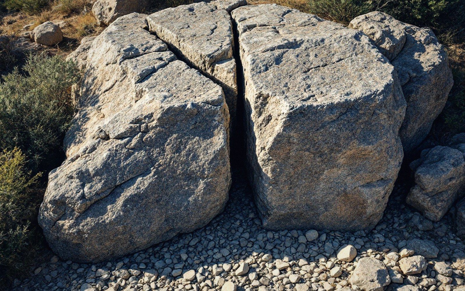 A large granite boulder split cleanly down the middle, surrounded by gravel and scrub